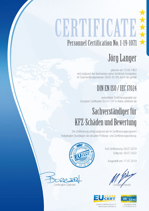 Zertifikat für Jörg Langer als geprüfter Sachverständiger für KFZ Schäden und Fahrzeugbewertung nach DIN EN ISO / IEC 17024