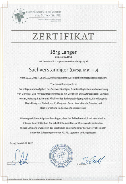 Zertifikat des europäischen Fachinstituts für Gutachter zum Sachverständiger für Kraftfahrzeuge